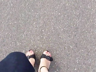 POV CD feet walking in wedge sandals