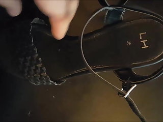 Huge cumshot while fucking black wedge sandals