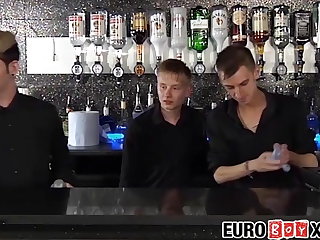 Group Sex Cute homosexual bartenders have anal threeway after work