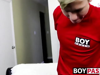 Twink laying alone and stroking cock before using toy