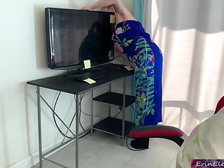 Stepmom gets stuck in a desk and stepson fucks her