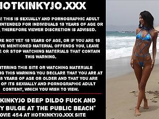 Public Nudity Hotkinkyjo deep dildo fuck and belly bulge at public beach